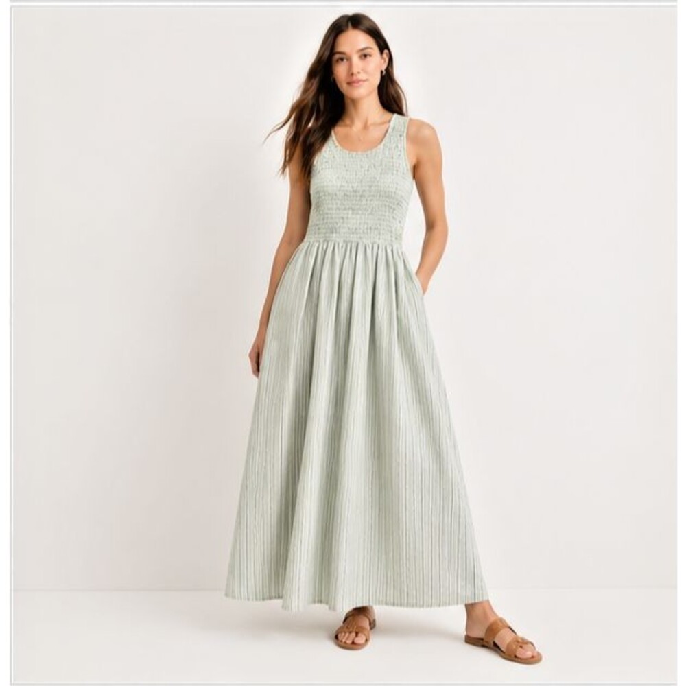 Madewell XXS Green Striped Cotton Smocked Maxi Dress Square Neck Pockets SP24